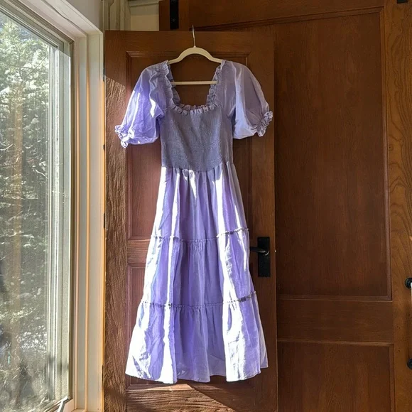 Peixoto lilac / purple smocked bodice puff sleeve dress. Size M. - Picture 2 of 11